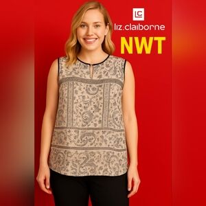 NWT Liz Claiborne Beige Floral Paisley Print Blouse Summer Casual Top Size XL